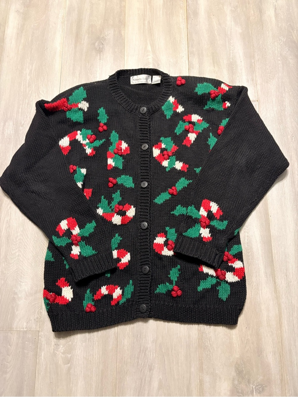Alexandra Bartlett Black Holiday Candy Cane Knit Cardigan
